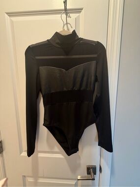 SHEIN Black Long-Sleeve Turtleneck Bodysuit with Faux-Leather Panel